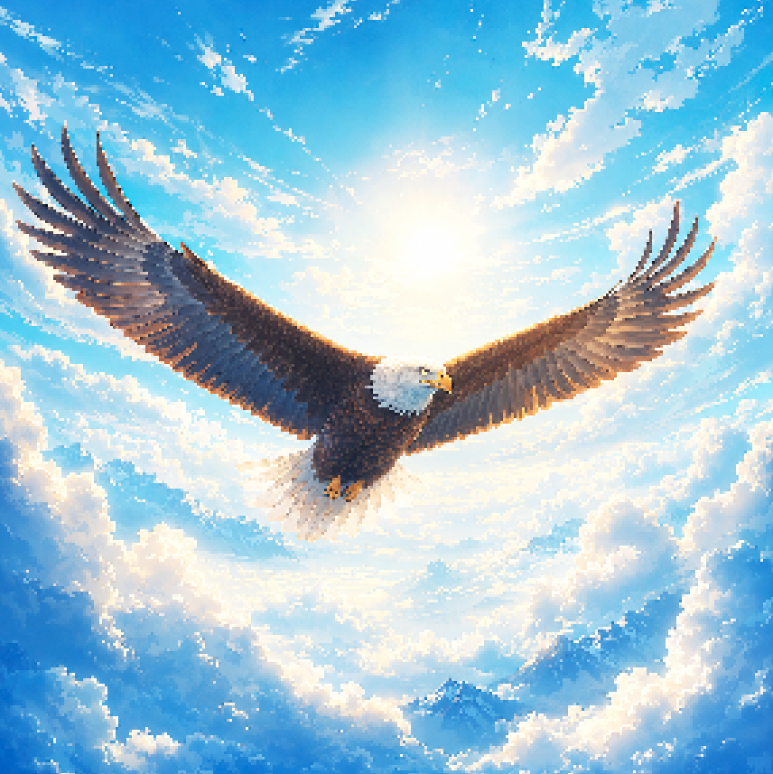 Pixel-art eagle flying through a bright sky
